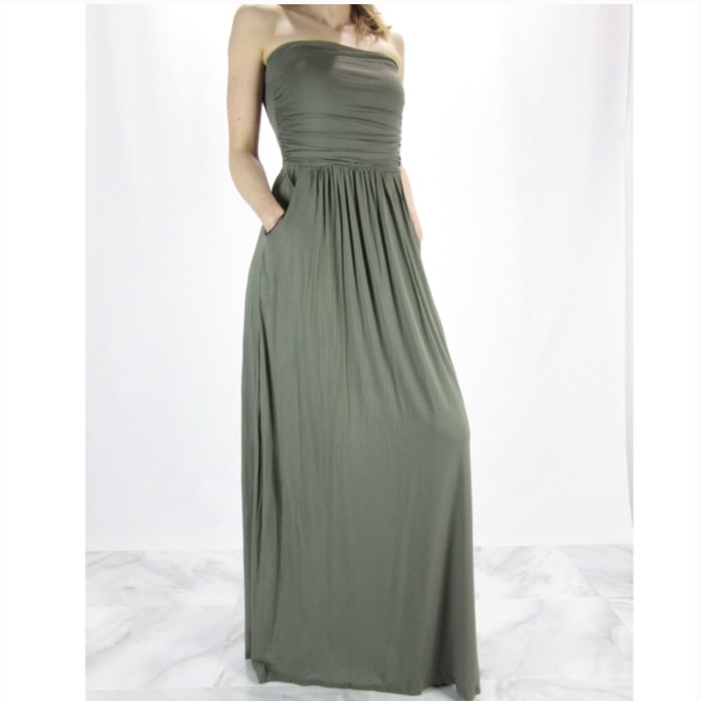Army green tube side pocket maxi dress - Picture 2 of 5